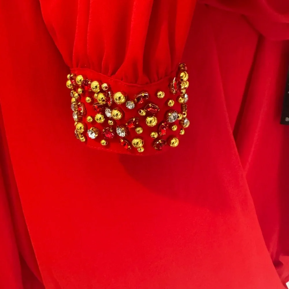 Boston Proper Wrap Blouse Womens Large Red New Embellished Cuff V-Neck Top - Picture 4 of 8